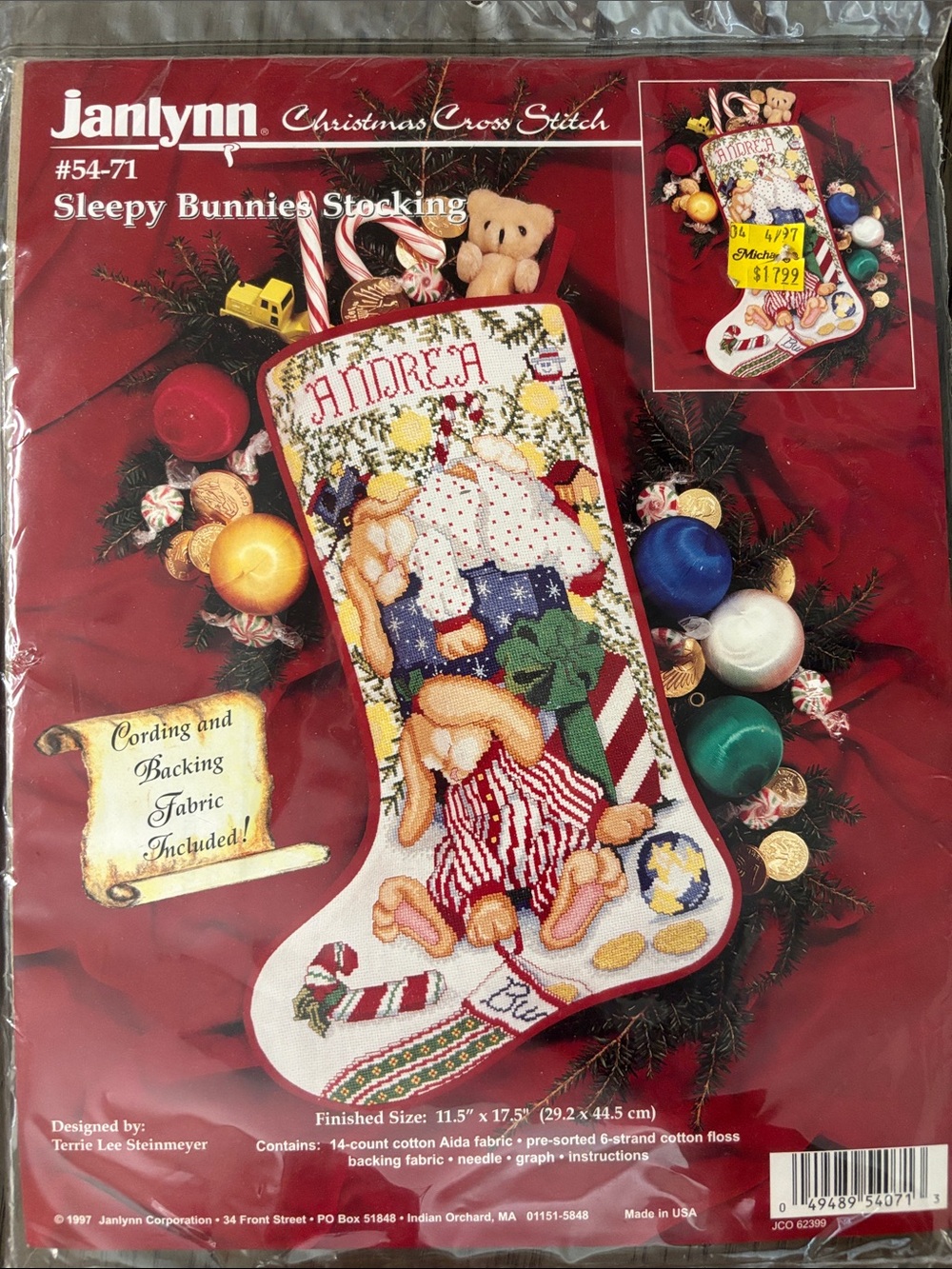 Janlynn Sleepy Bunnies Stocking Cross Stitch Holiday Stocking - NWT 1997